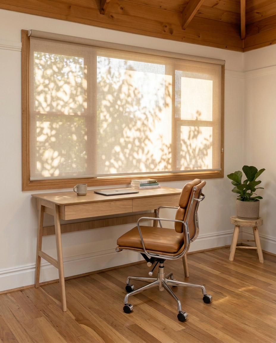 Vitale Integrative consulting room with a natural oak desk and tan leather chair